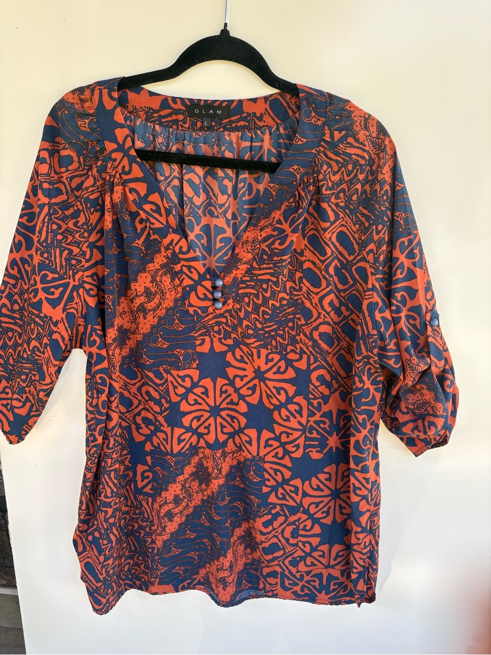 glam Navy and Orange Patterned V-Neck Tunic